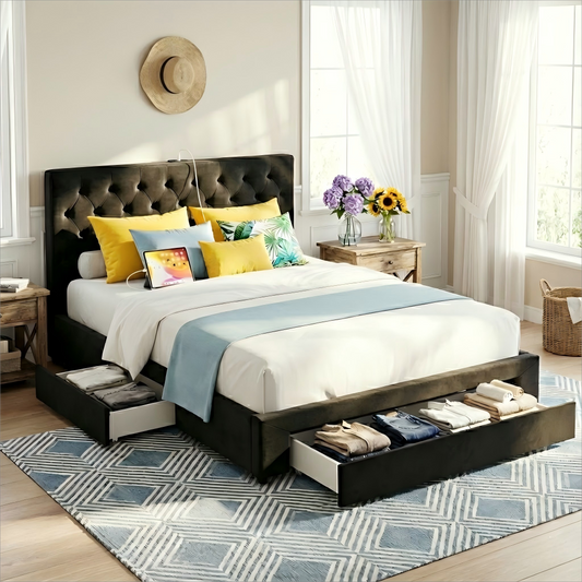 Queen Upholstered Bed Frame with Storage Drawers and USB Type-C Charging Station