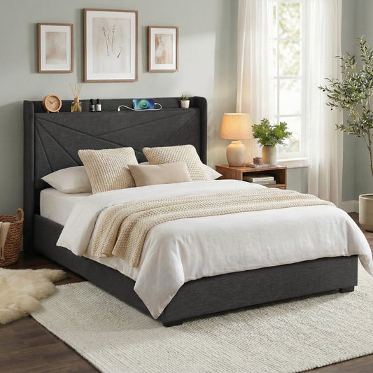 Double Bed Frame with Gas Lift Storage and Charging Ports – Charcoal Grey Upholstered Headboard