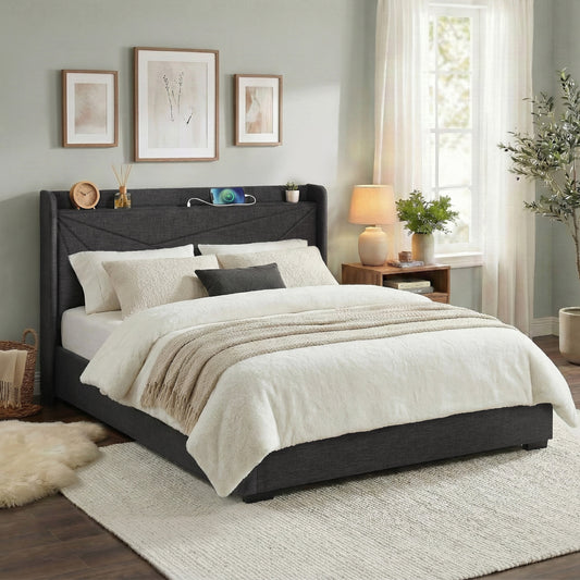 King Bed Frame with Gas Lift Storage and Charging Ports – Upholstered Geometric Headboard, Charcoal Grey