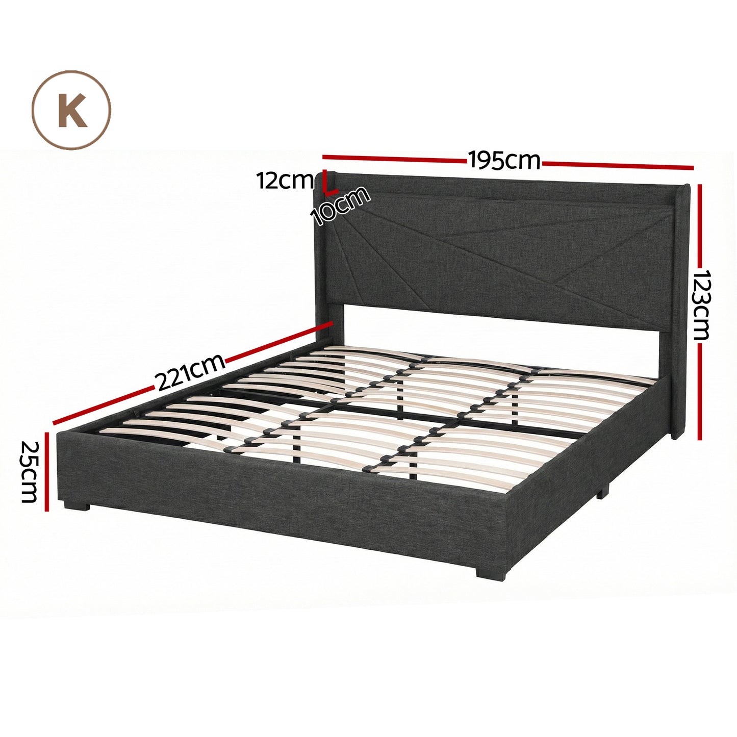 King Bed Frame with Gas Lift Storage and Charging Ports – Upholstered Geometric Headboard, Charcoal Grey