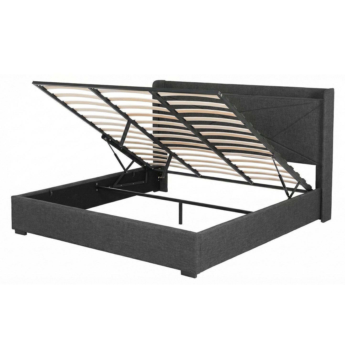 King Bed Frame with Gas Lift Storage and Charging Ports – Upholstered Geometric Headboard, Charcoal Grey