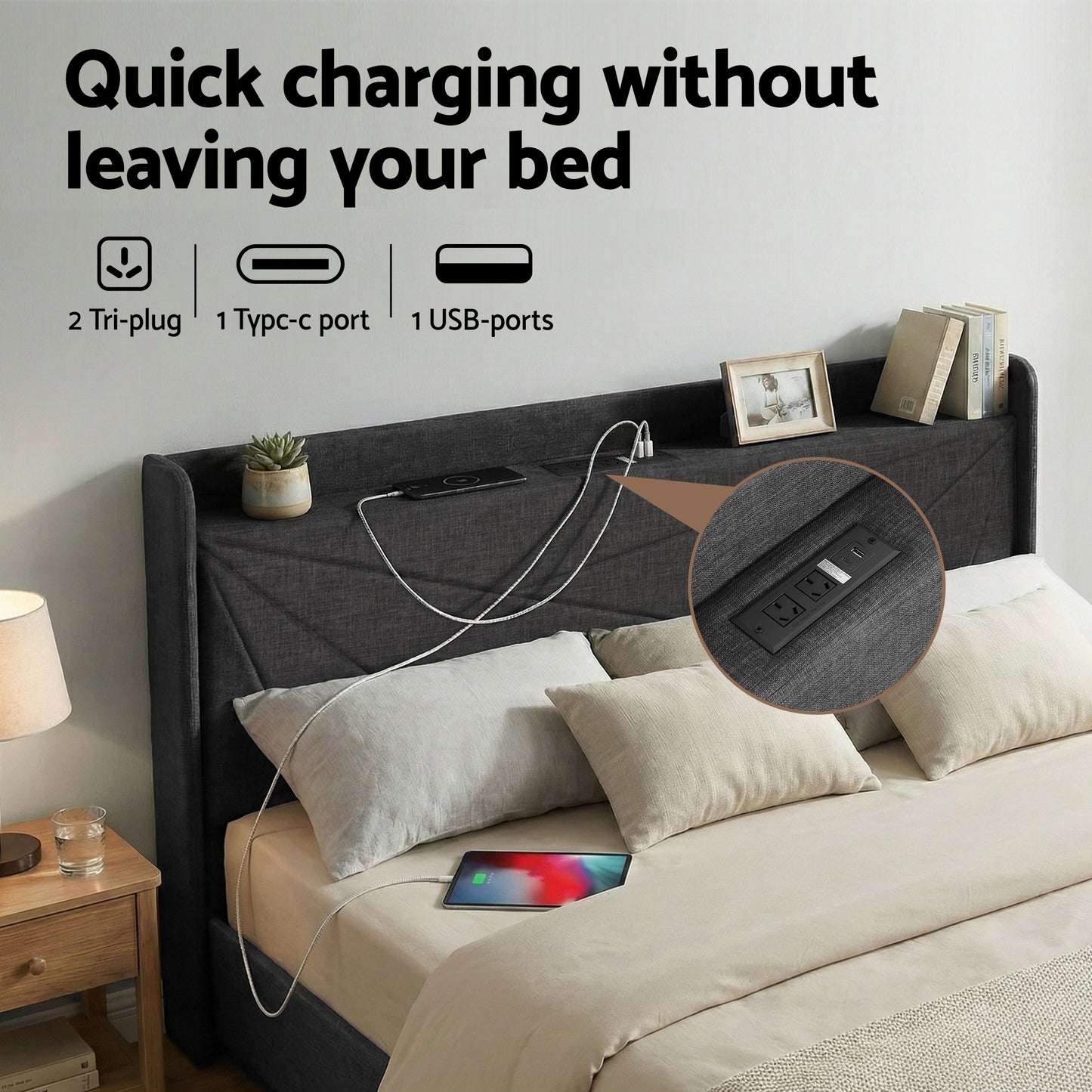 King Bed Frame with Gas Lift Storage and Charging Ports – Upholstered Geometric Headboard, Charcoal Grey