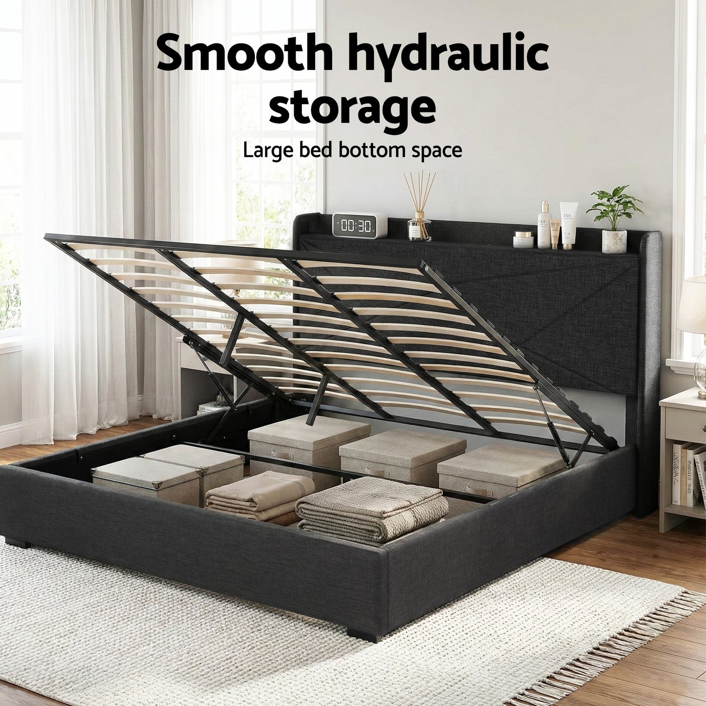 King Bed Frame with Gas Lift Storage and Charging Ports – Upholstered Geometric Headboard, Charcoal Grey