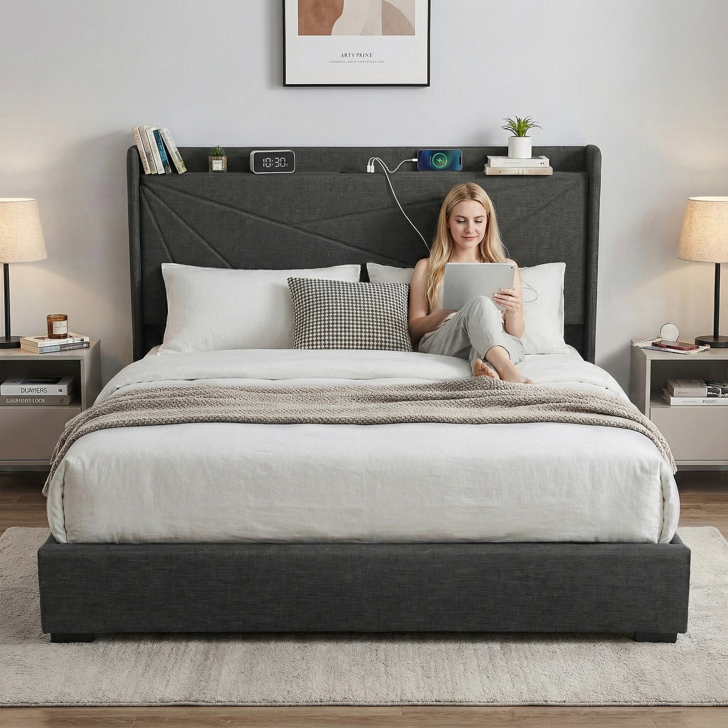 King Bed Frame with Gas Lift Storage and Charging Ports – Upholstered Geometric Headboard, Charcoal Grey
