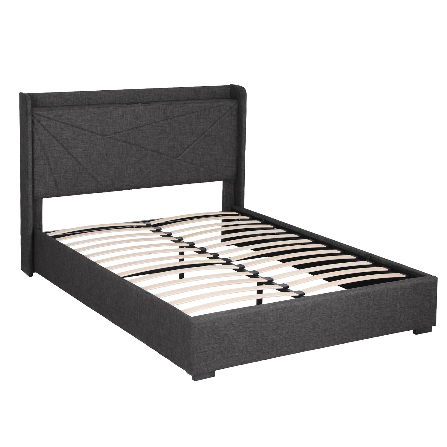 Queen Bed Frame with Gas Lift Storage and Charging Ports – Charcoal Grey Upholstered Geometric Headboard