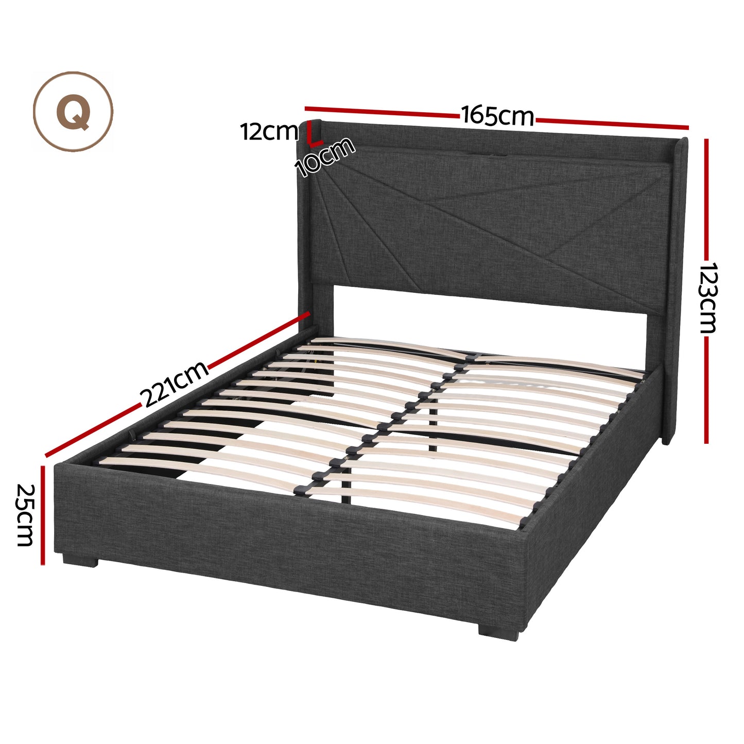Queen Bed Frame with Gas Lift Storage and Charging Ports – Charcoal Grey Upholstered Geometric Headboard