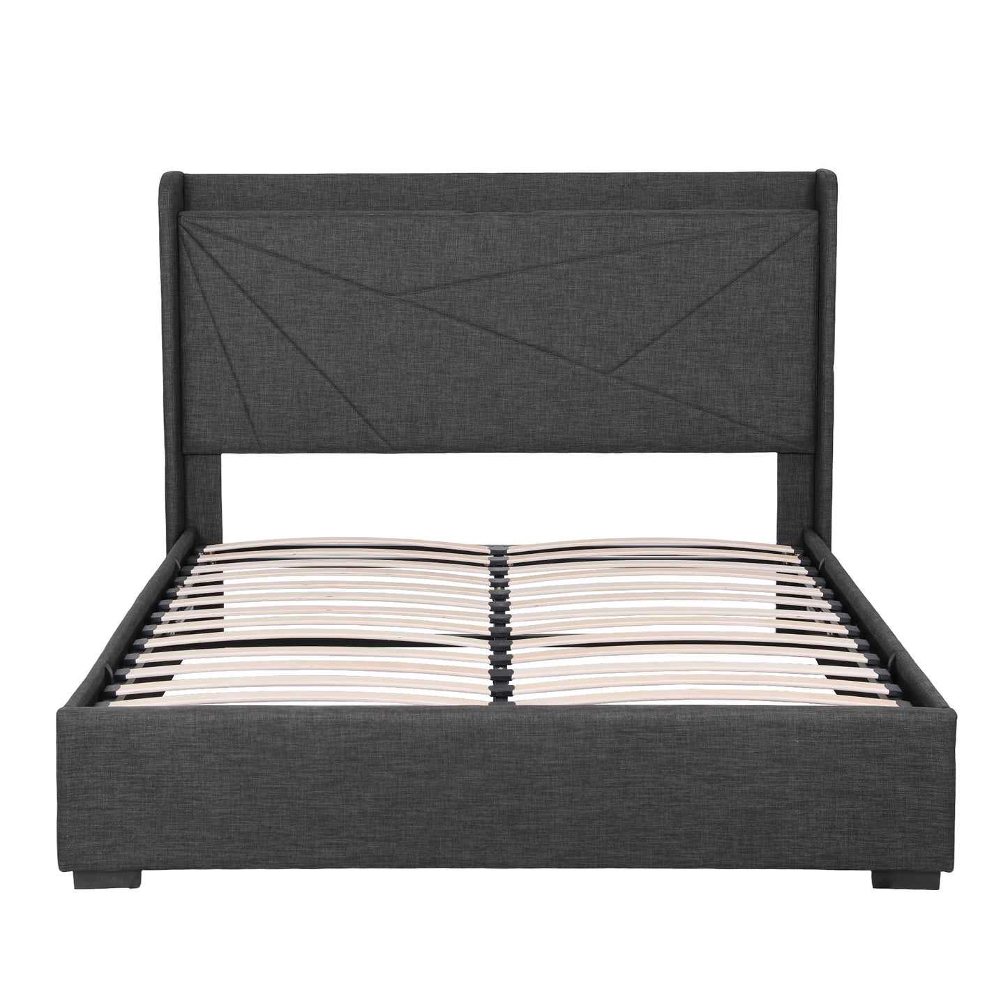 Queen Bed Frame with Gas Lift Storage and Charging Ports – Charcoal Grey Upholstered Geometric Headboard