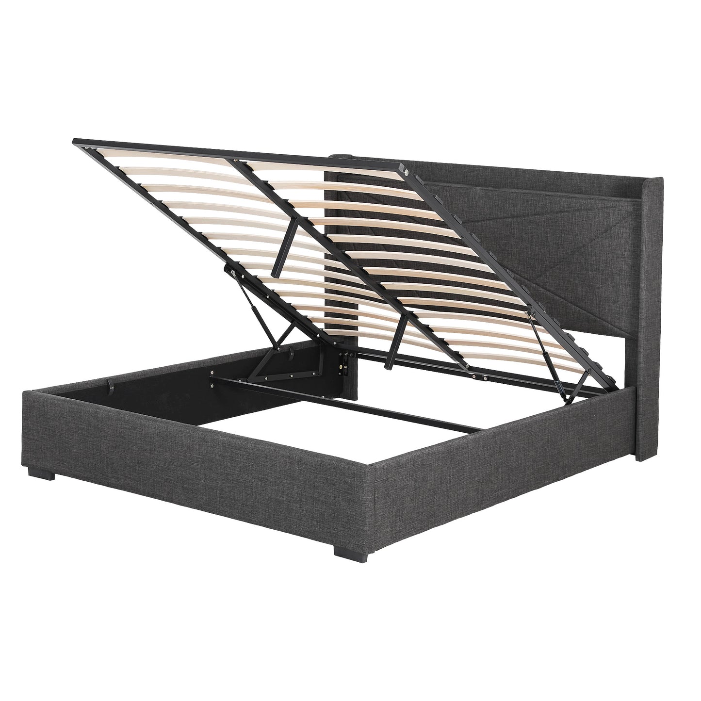 Queen Bed Frame with Gas Lift Storage and Charging Ports – Charcoal Grey Upholstered Geometric Headboard