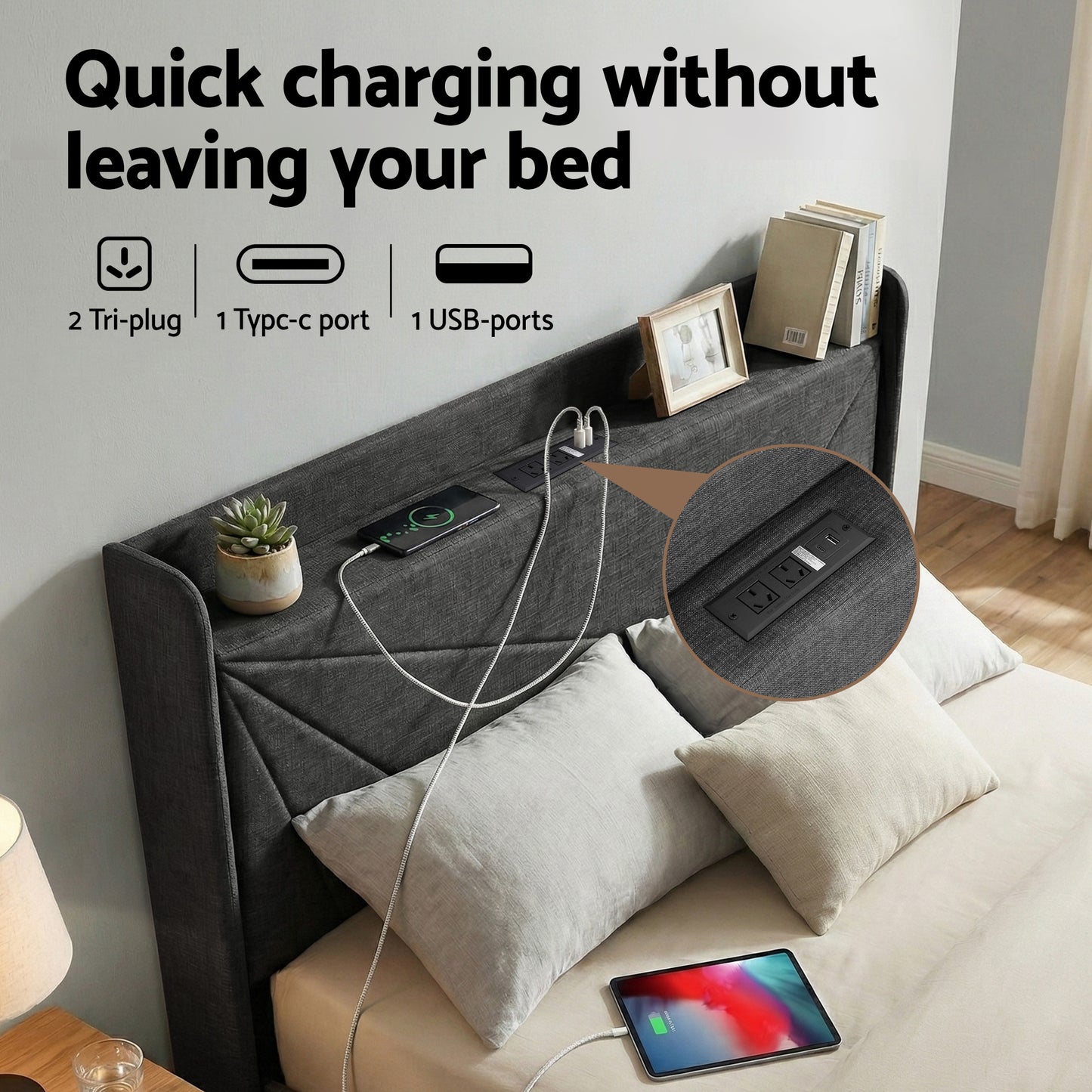 Queen Bed Frame with Gas Lift Storage and Charging Ports – Charcoal Grey Upholstered Geometric Headboard