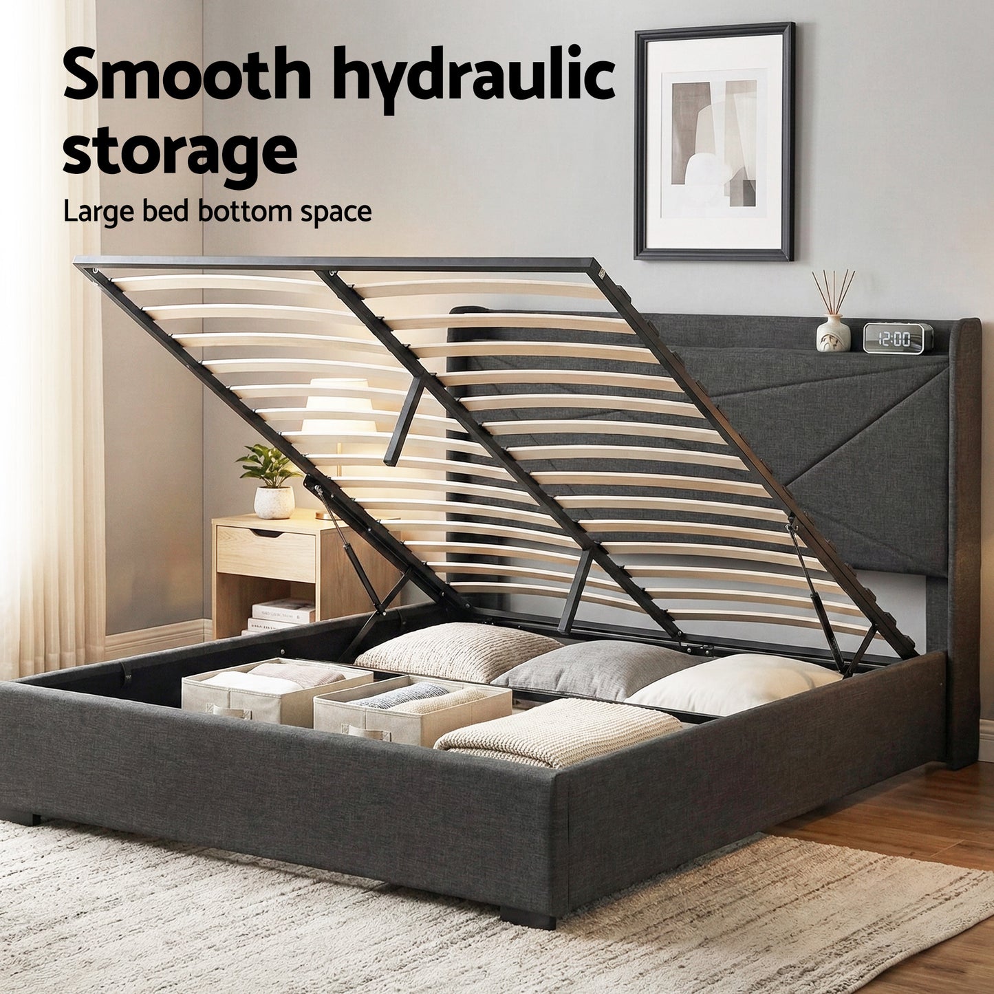 Queen Bed Frame with Gas Lift Storage and Charging Ports – Charcoal Grey Upholstered Geometric Headboard