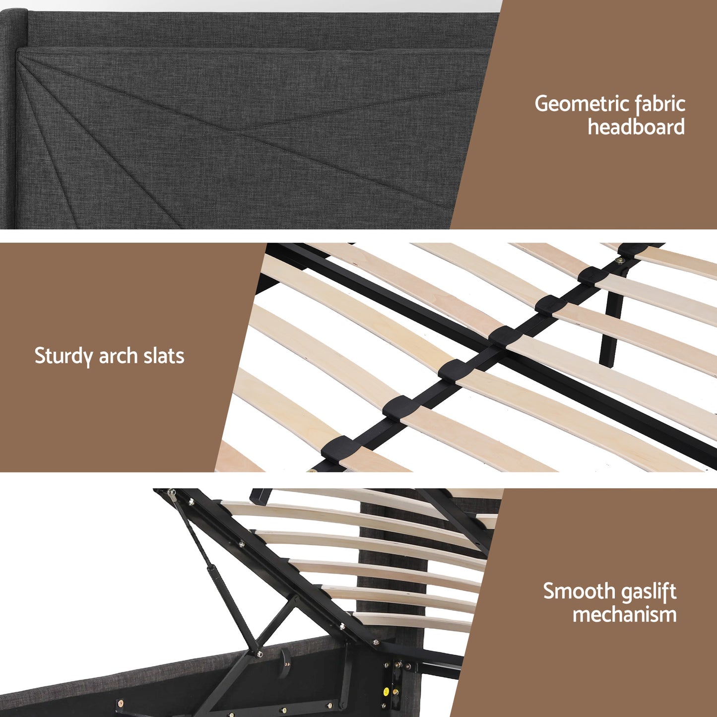 Queen Bed Frame with Gas Lift Storage and Charging Ports – Charcoal Grey Upholstered Geometric Headboard
