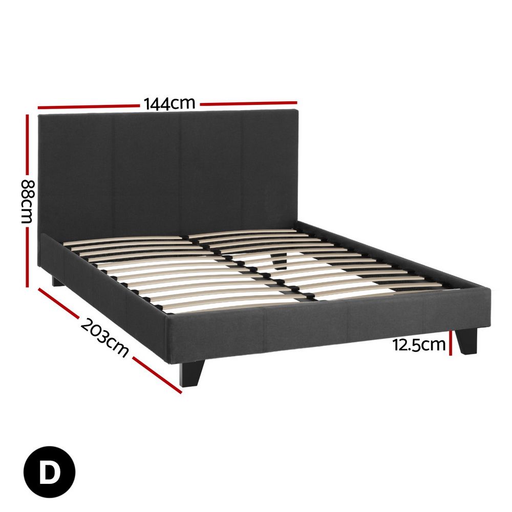 Double size Neo Bed Frame with padded charcoal headboard by The Willow Stone Collective, featuring a modern upholstered bedroom furniture design.