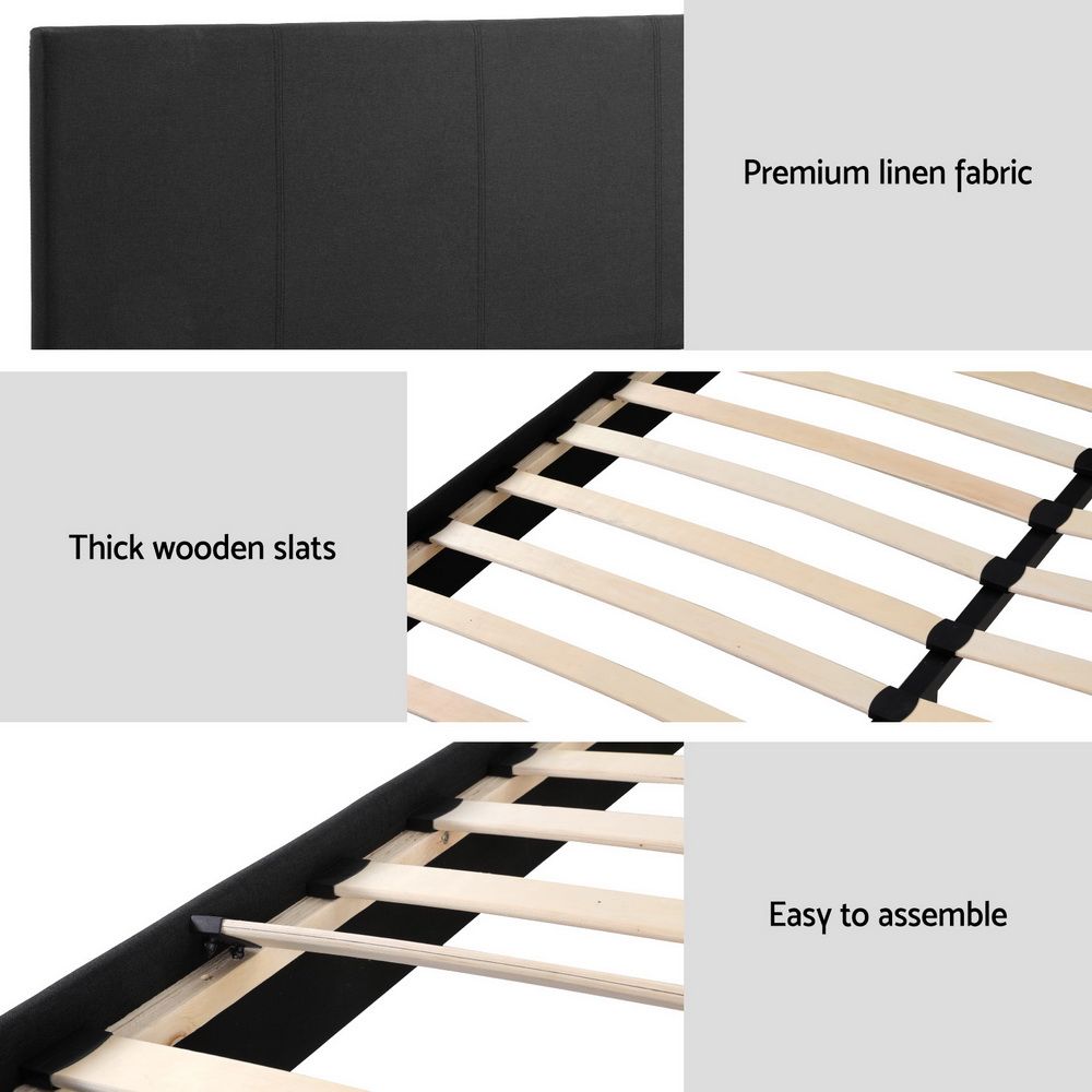 Double size Neo Bed Frame with padded charcoal upholstered headboard from The Willow Stone Collective, modern bedroom furniture.