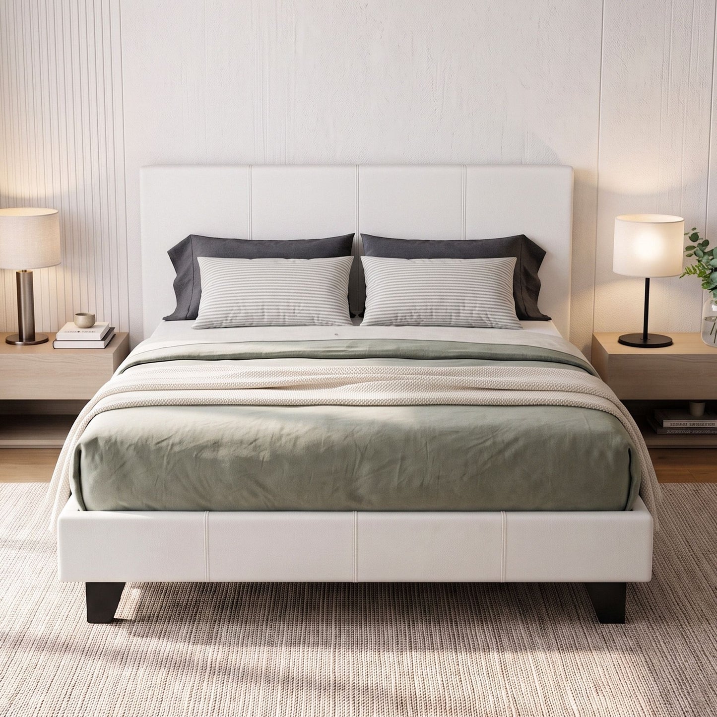 Queen size Neo Bed Frame by The Willow Stone Collective with upholstered PVC leather in white, featuring a modern bedroom furniture design.