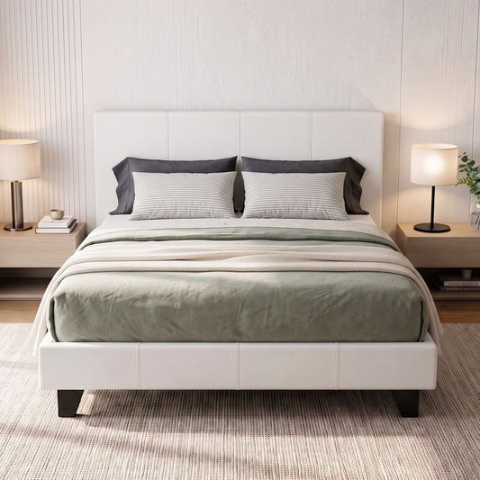 Queen size Neo Bed Frame by The Willow Stone Collective with upholstered PVC leather in white, featuring a modern bedroom furniture design.