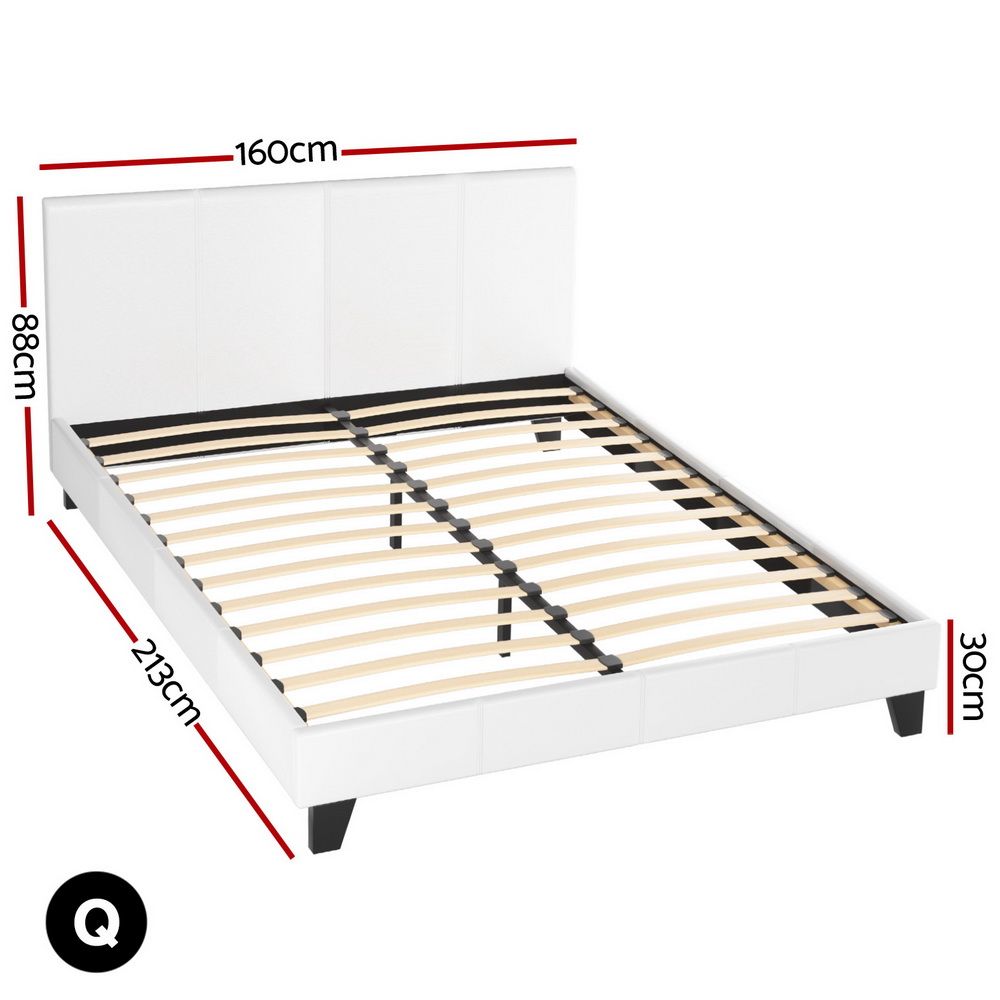 White upholstered PVC leather queen size Neo Bed Frame by The Willow Stone Collective with a modern bedroom design.