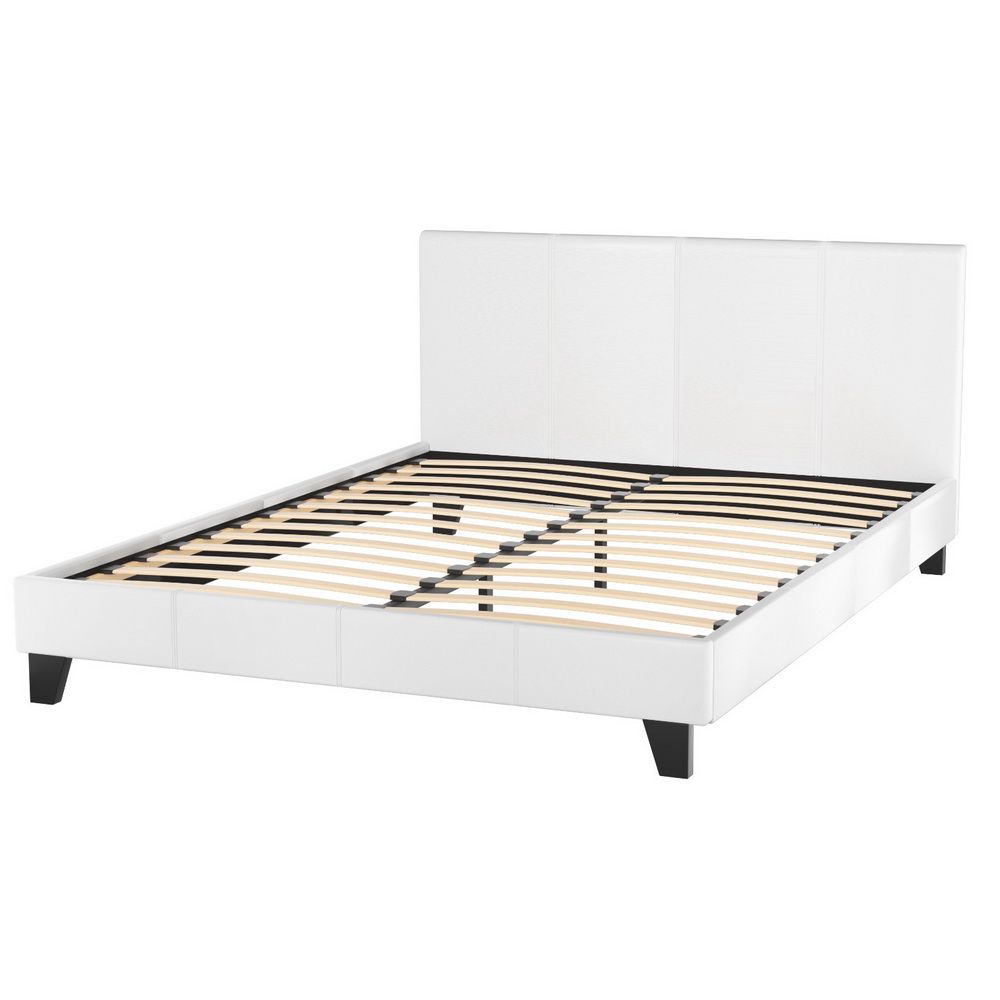 White upholstered PVC leather queen size Neo Bed Frame by The Willow Stone Collective with a modern bedroom design.
