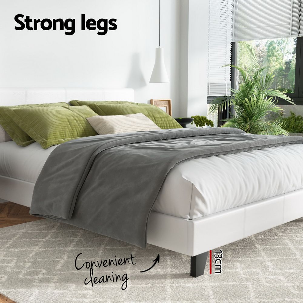 Queen size Neo Bed Frame by The Willow Stone Collective with white upholstered PVC leather, modern bedroom furniture.