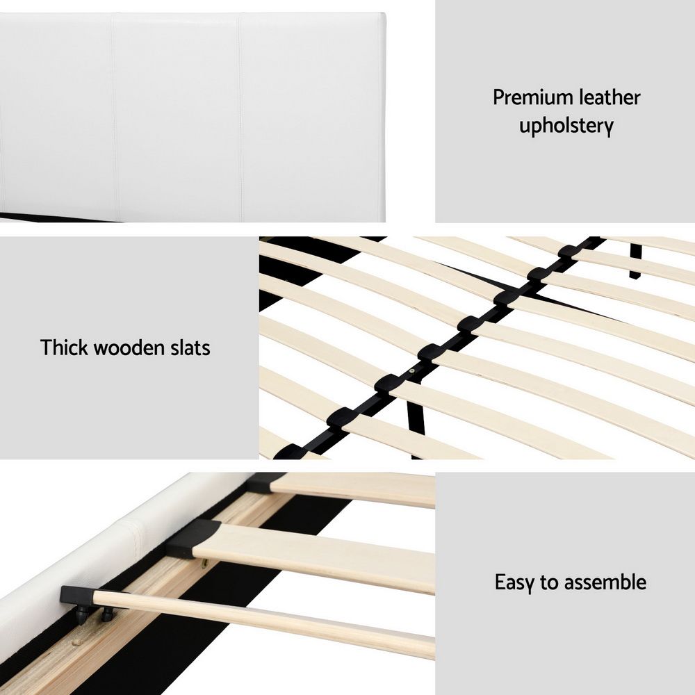 Queen size Neo Bed Frame by The Willow Stone Collective with white upholstered PVC leather, modern bedroom furniture.