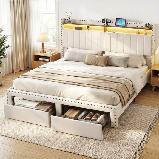King Upholstered Bed Frame with Storage Drawers, Charging Station, and Mood Lighting in Linen