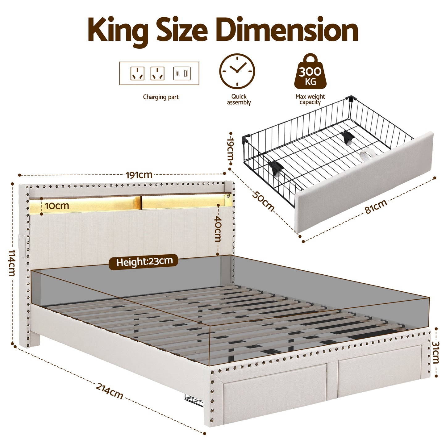 King Upholstered Bed Frame with Storage Drawers, Charging Station, and Mood Lighting in Linen
