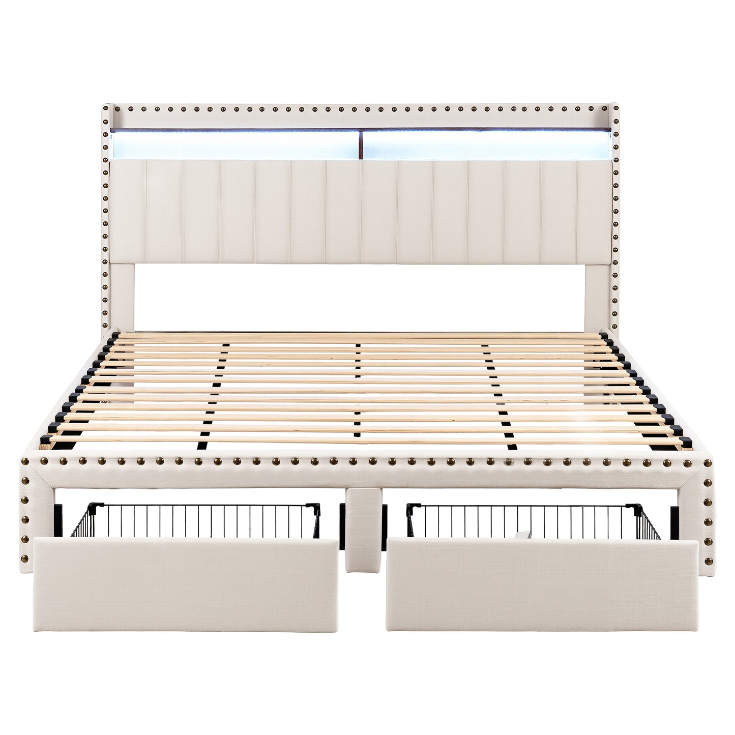 King Upholstered Bed Frame with Storage Drawers, Charging Station, and Mood Lighting in Linen