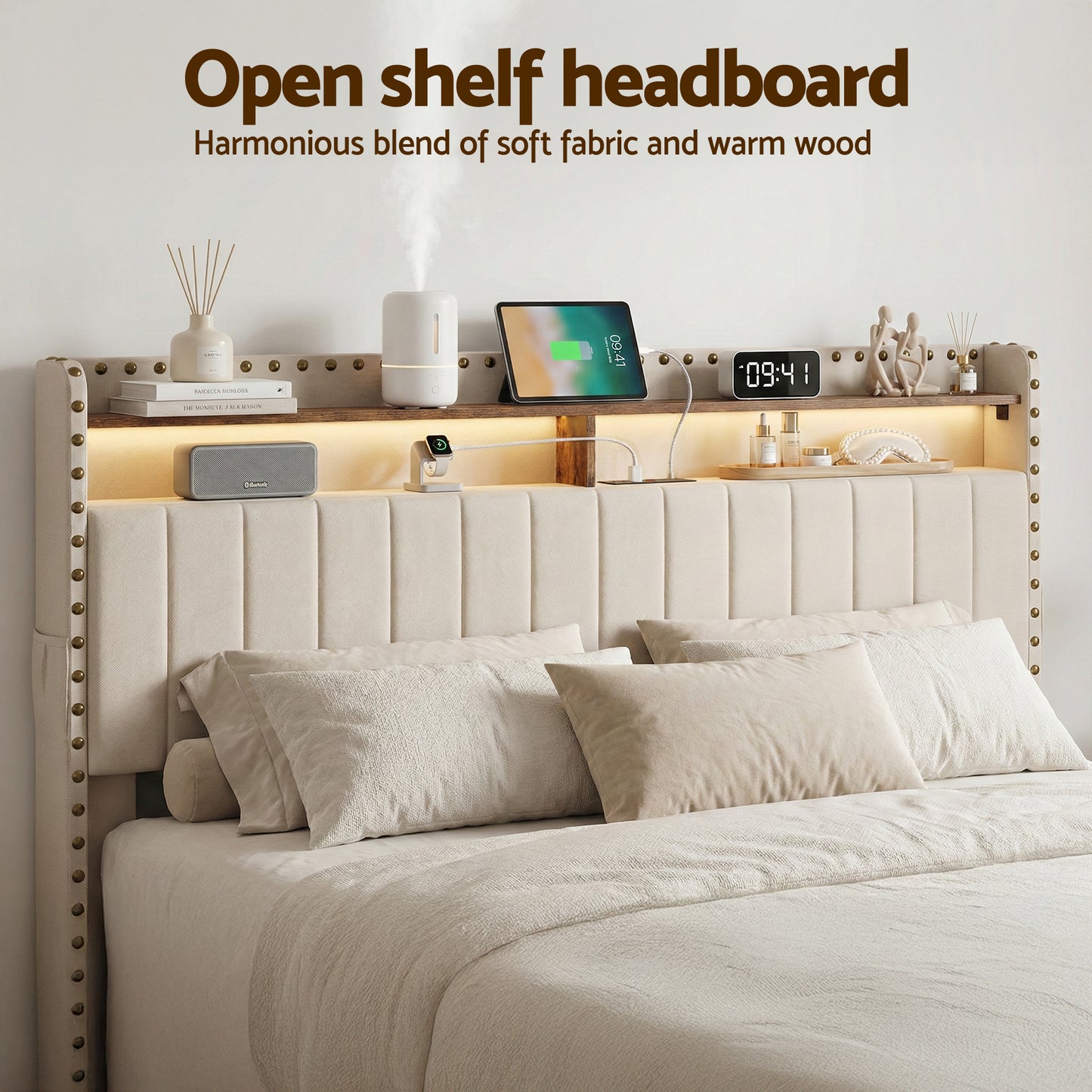 King Upholstered Bed Frame with Storage Drawers, Charging Station, and Mood Lighting in Linen