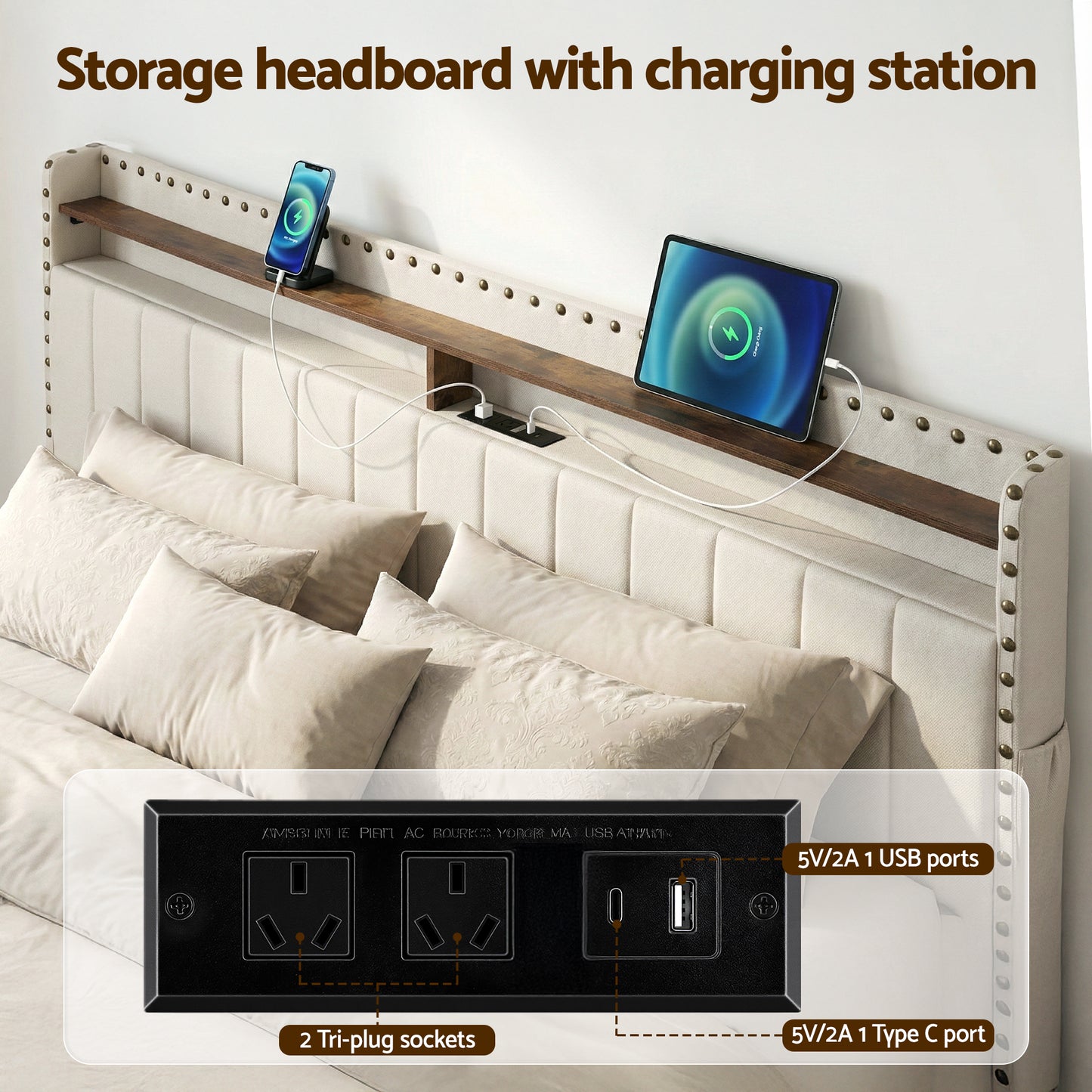 King Upholstered Bed Frame with Storage Drawers, Charging Station, and Mood Lighting in Linen