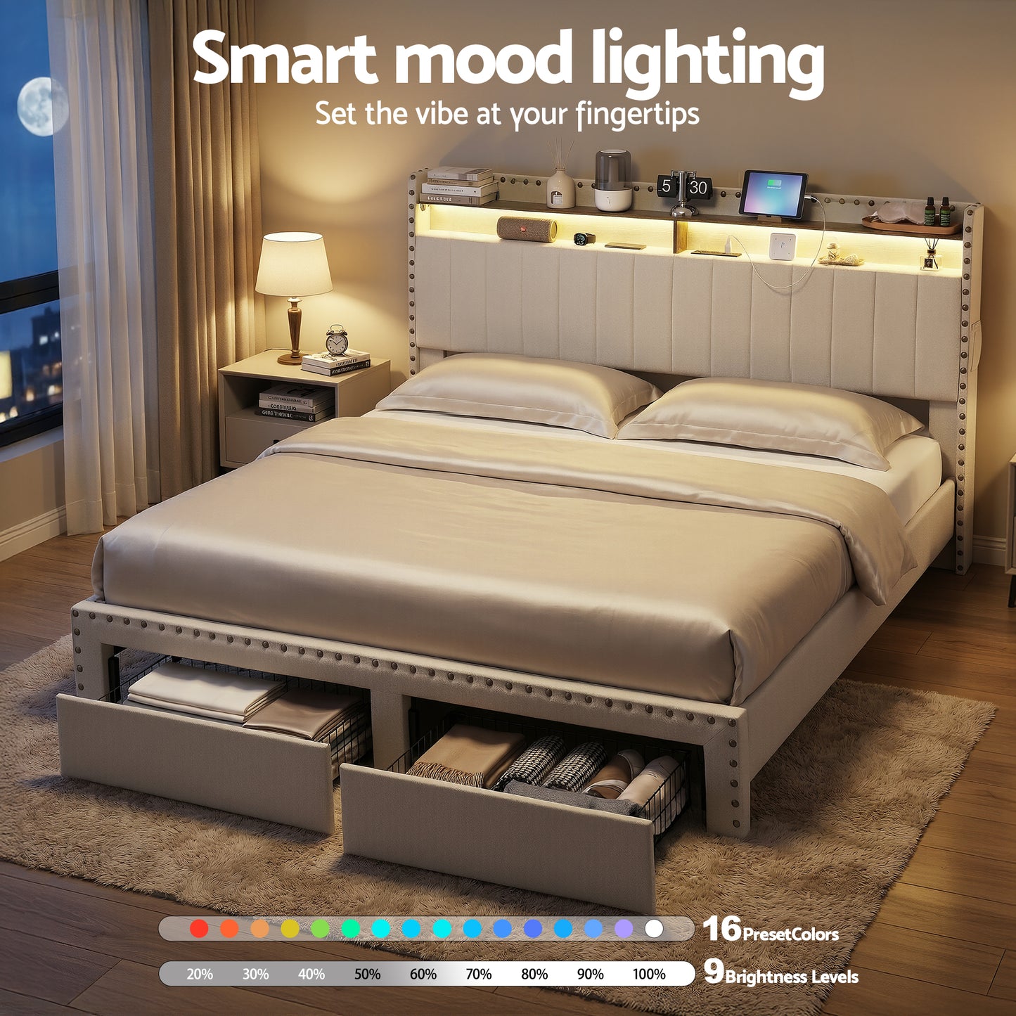 King Upholstered Bed Frame with Storage Drawers, Charging Station, and Mood Lighting in Linen