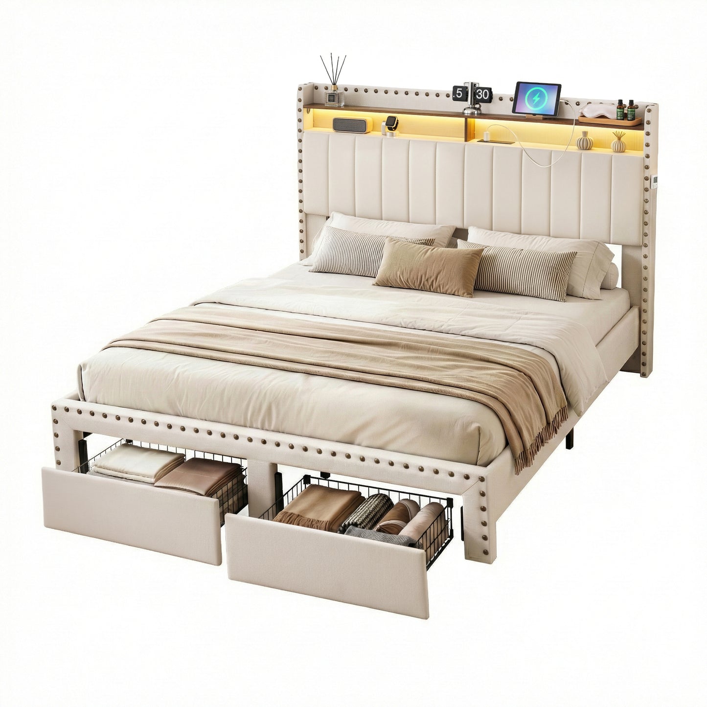 King Upholstered Bed Frame with Storage Drawers, Charging Station, and Mood Lighting in Linen
