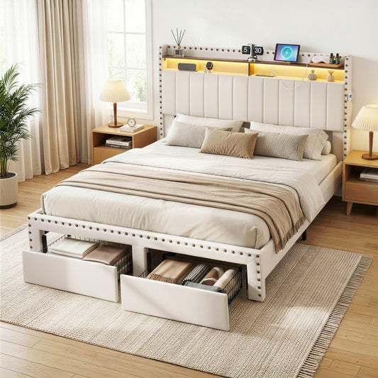 TWSC Queen Upholstered Bed Frame with Shelf Storage Drawers Charging Station Mood Lighting Linen