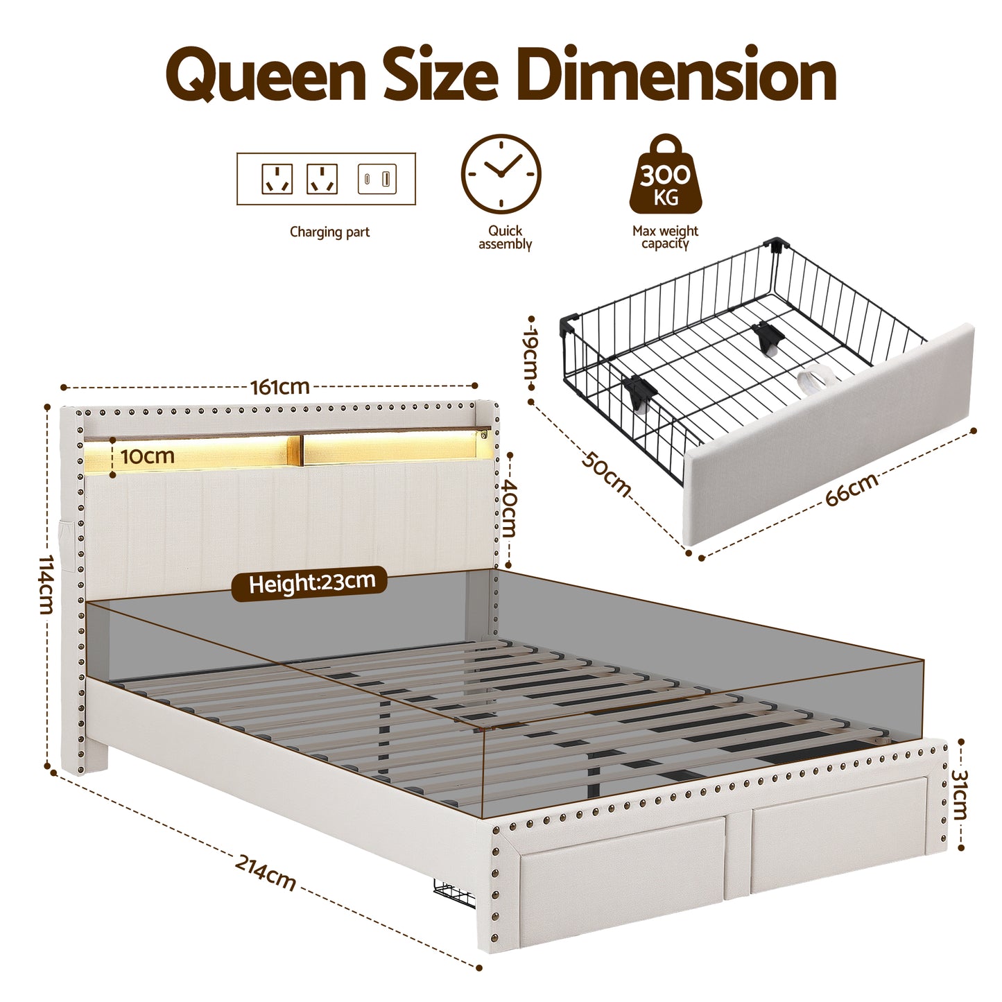 Queen Upholstered Bed Frame with Storage Drawers, Charging Station & Mood Lighting in Linen