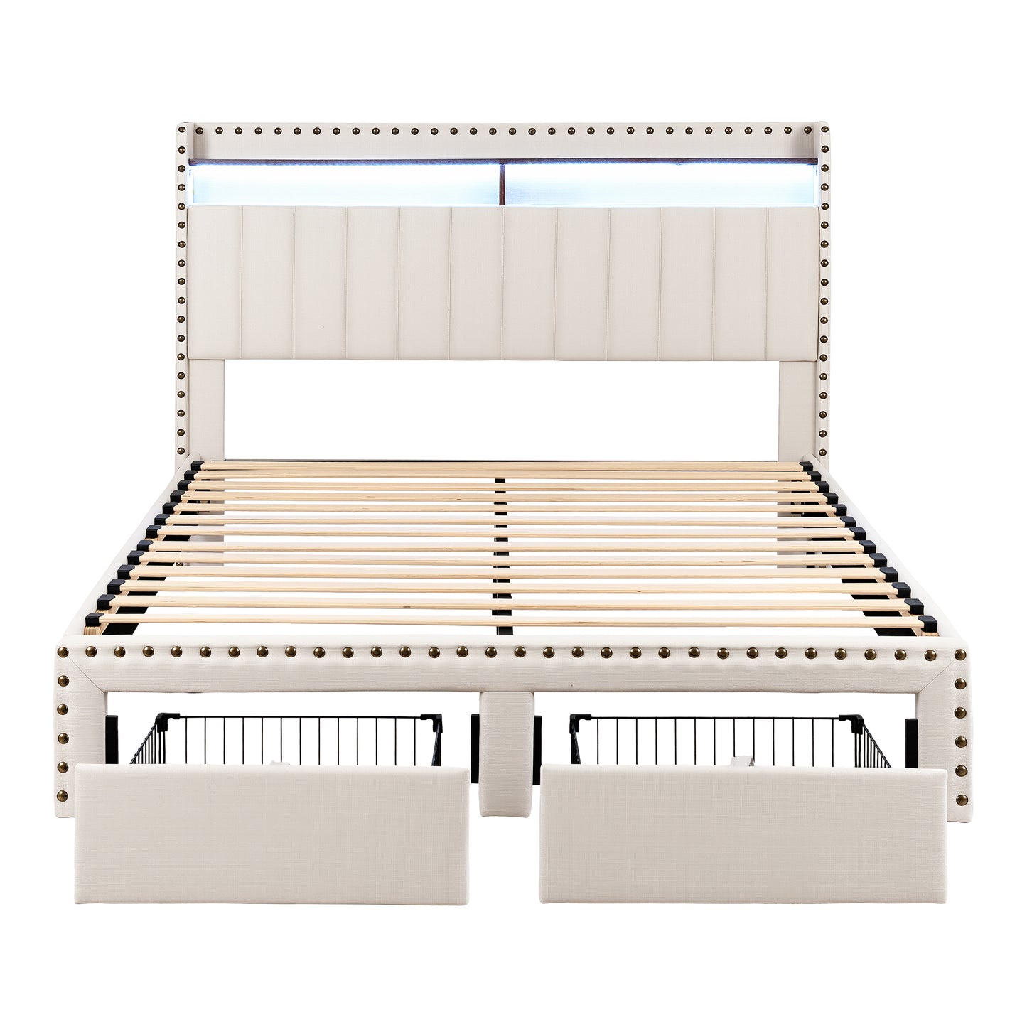 Queen Upholstered Bed Frame with Storage Drawers, Charging Station & Mood Lighting in Linen