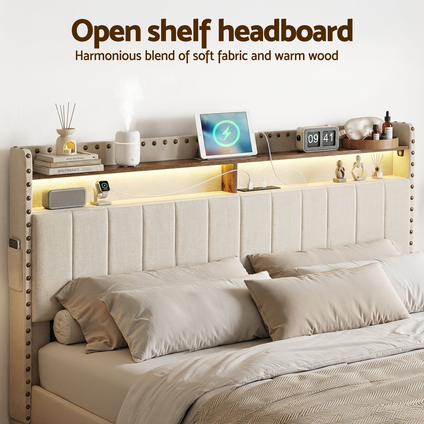 Queen Upholstered Bed Frame with Storage Drawers, Charging Station & Mood Lighting in Linen