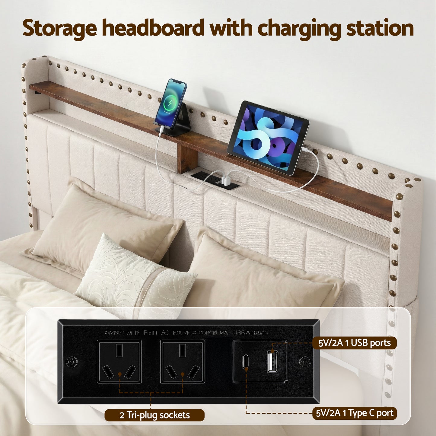 Queen Upholstered Bed Frame with Storage Drawers, Charging Station & Mood Lighting in Linen