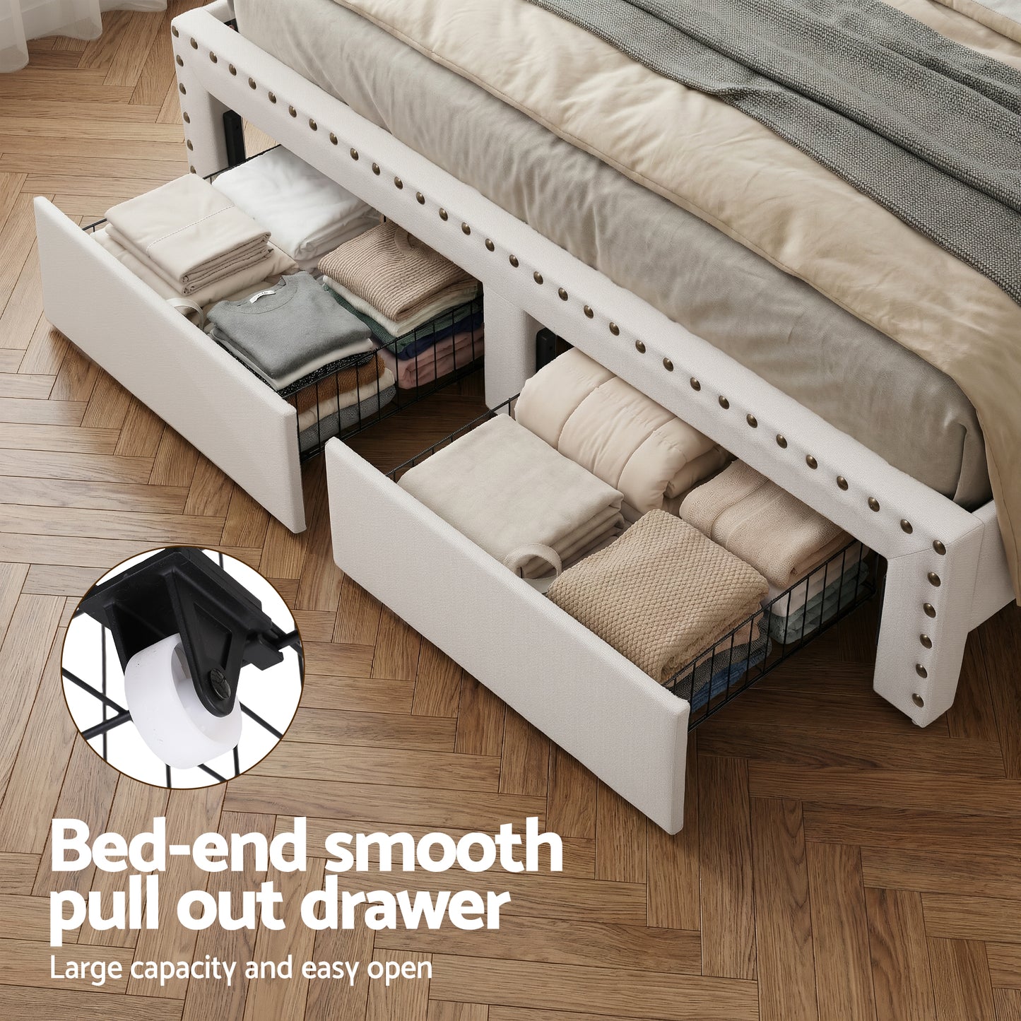 Queen Upholstered Bed Frame with Storage Drawers, Charging Station & Mood Lighting in Linen