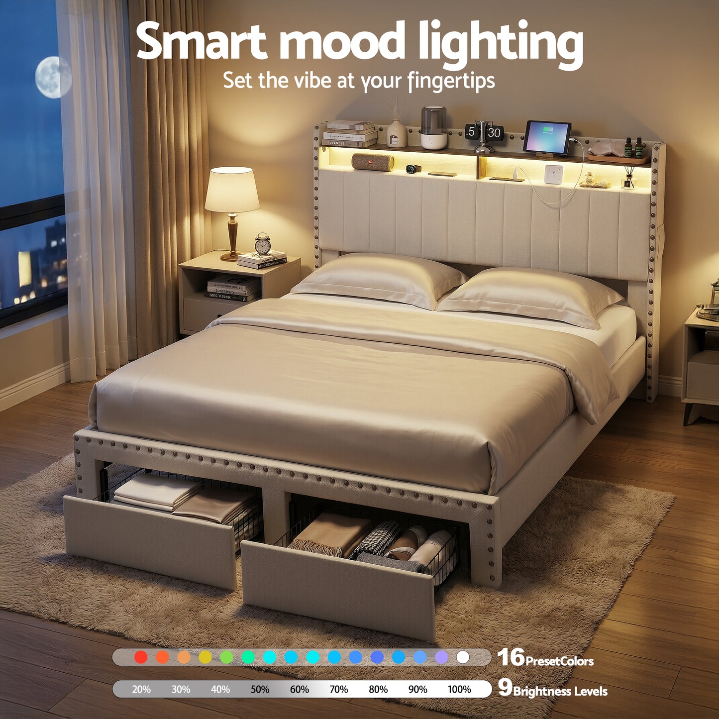 Queen Upholstered Bed Frame with Storage Drawers, Charging Station & Mood Lighting in Linen