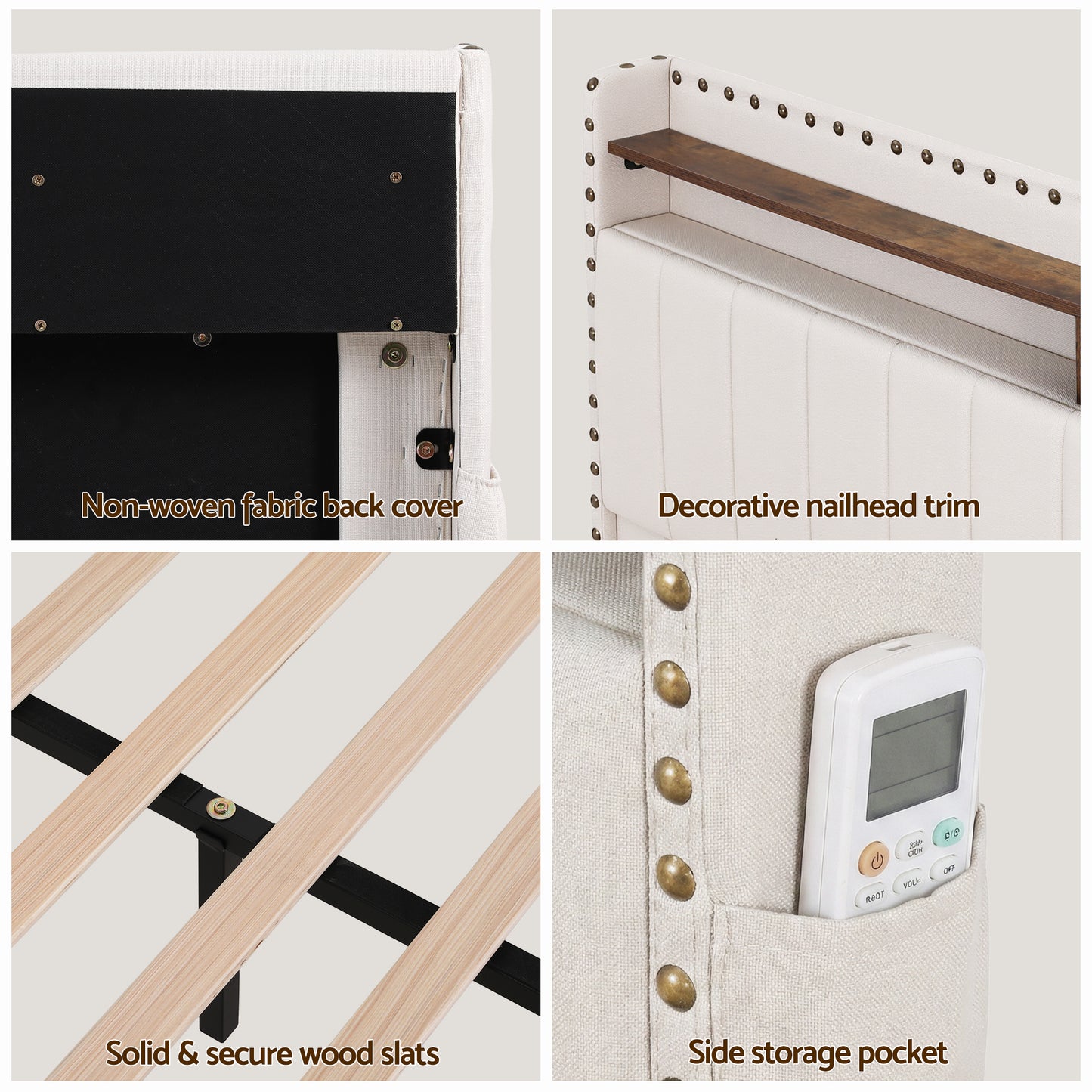 Queen Upholstered Bed Frame with Storage Drawers, Charging Station & Mood Lighting in Linen