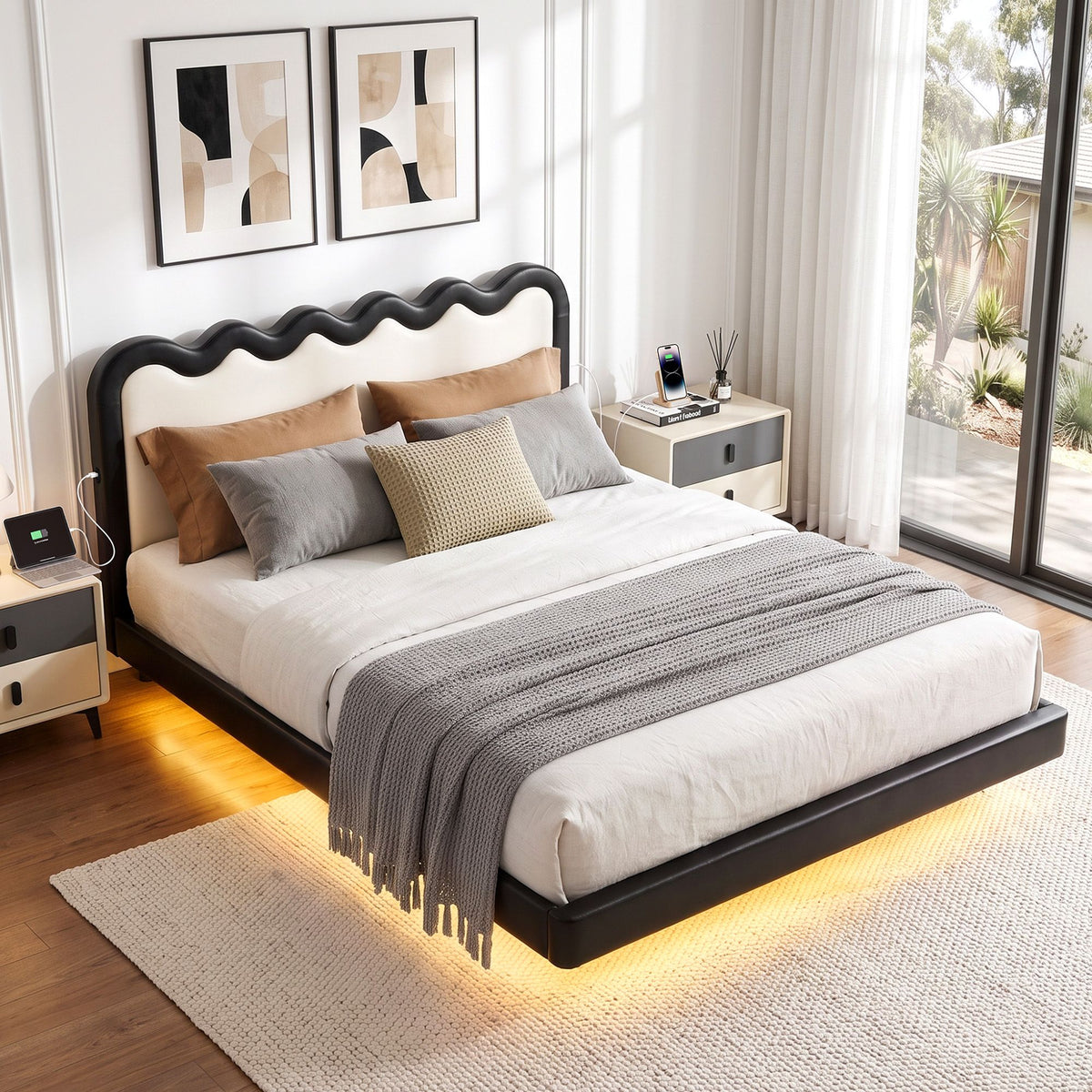 TWSC Double Bed Frame, Floating Design with RGB LED and USB Charging