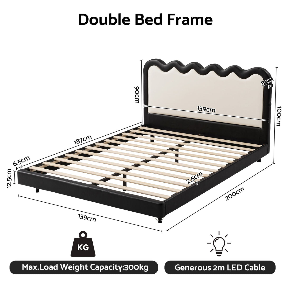 TWSC Double Bed Frame, Floating Design with RGB LED and USB Charging