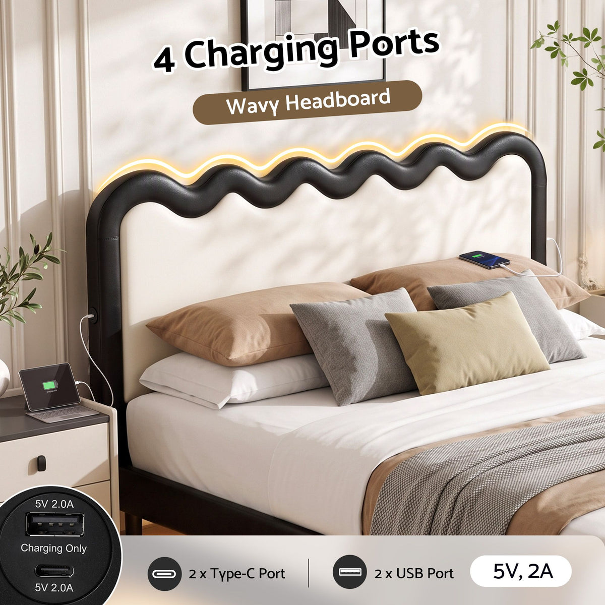 TWSC Double Bed Frame, Floating Design with RGB LED and USB Charging