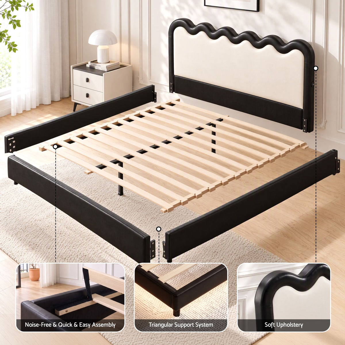 TWSC Double Bed Frame, Floating Design with RGB LED and USB Charging