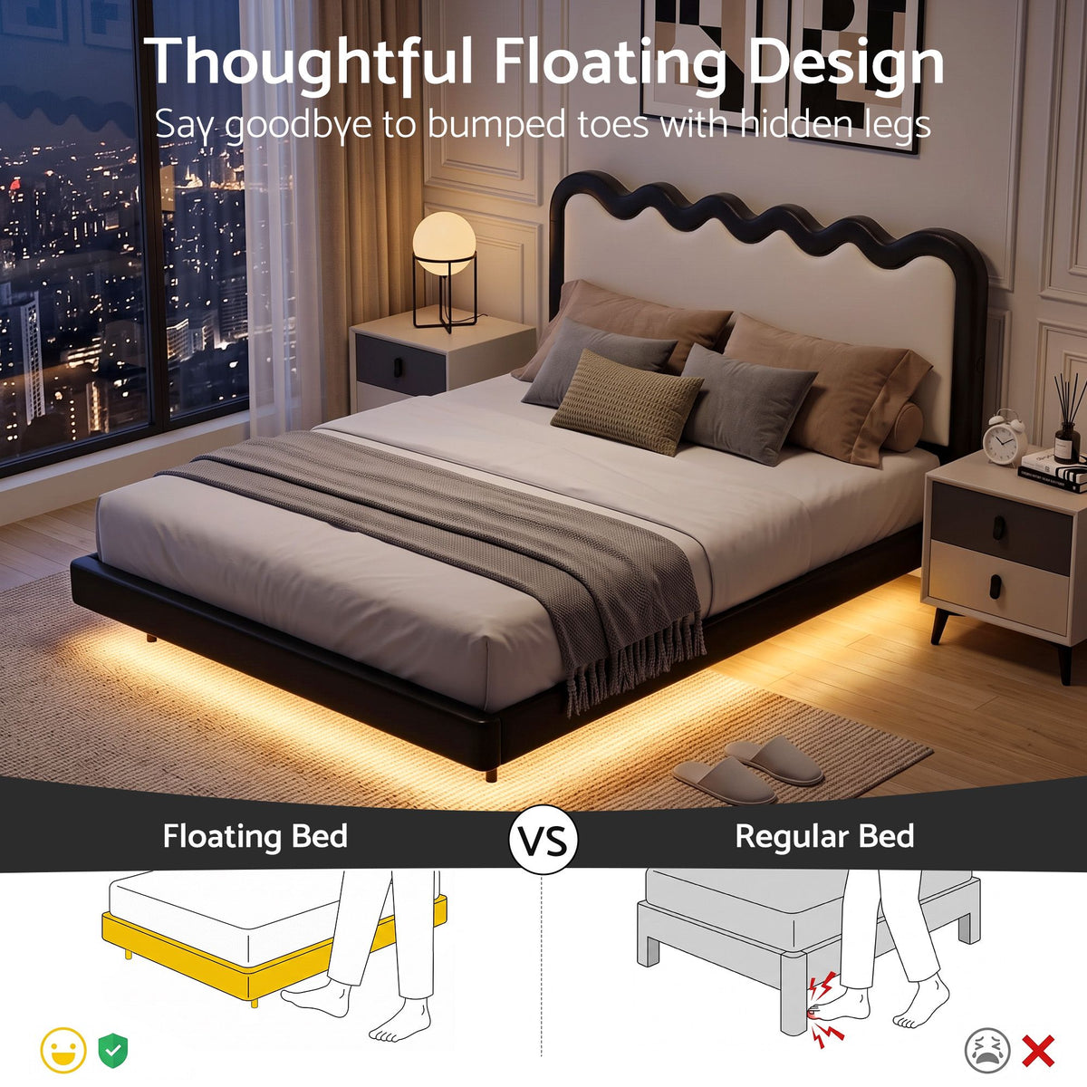 TWSC Queen Bed Frame, Floating Design with RGB LED and USB Charging