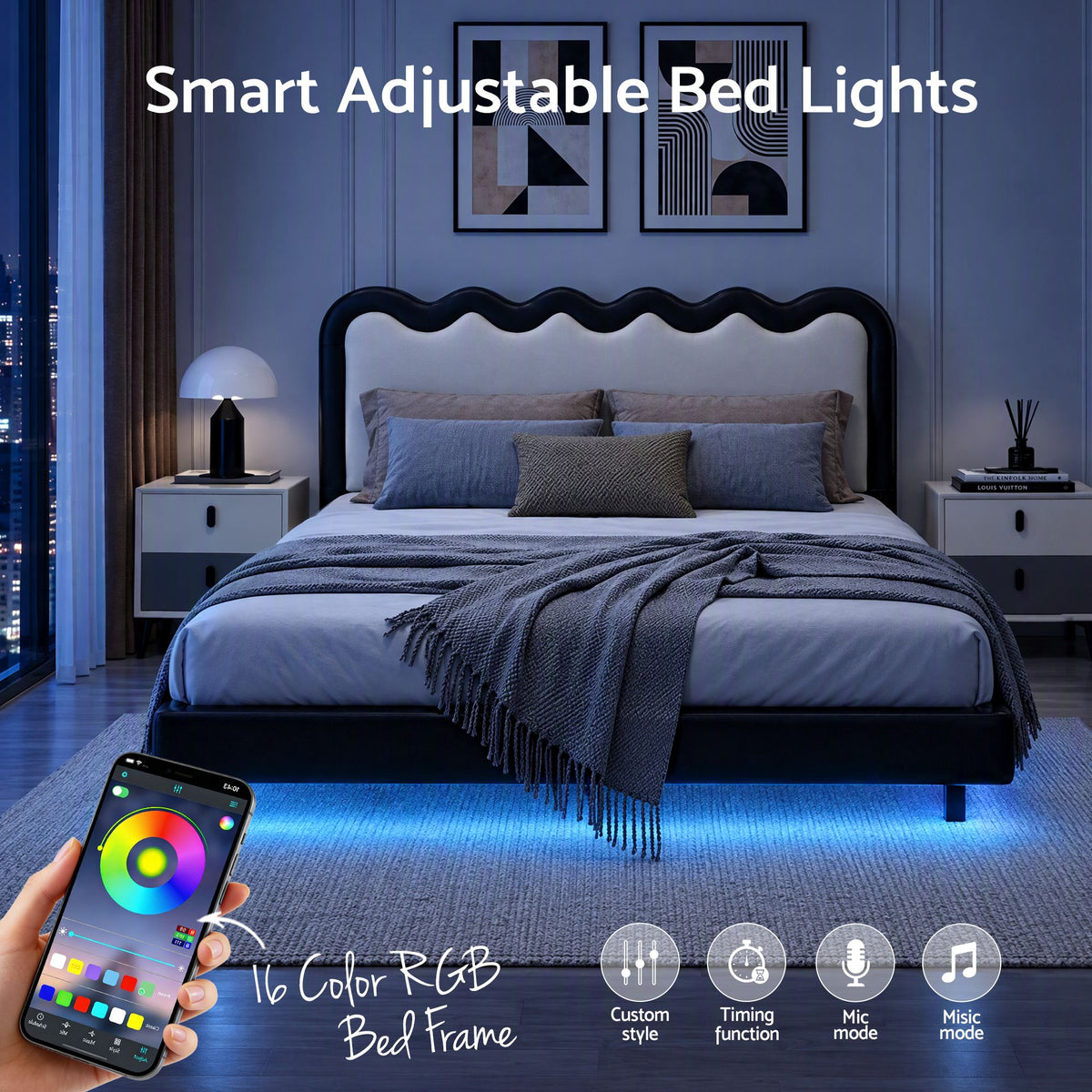 TWSC Queen Bed Frame, Floating Design with RGB LED and USB Charging