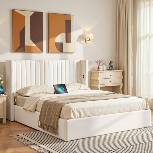 Double Bed Frame with Gaslift Storage and USB Type-C Ports, Velvet Upholstery White