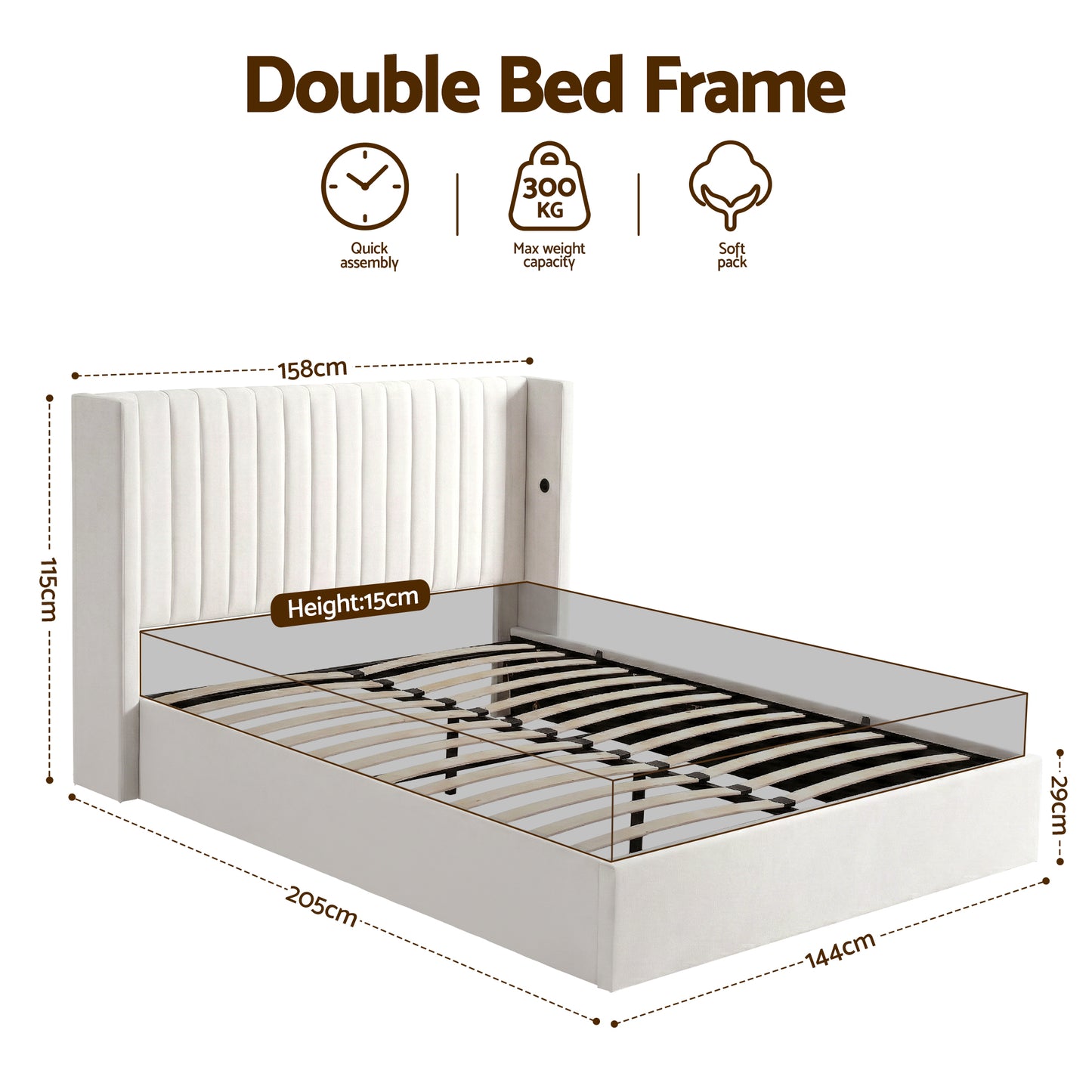 Double Bed Frame with Gaslift Storage and USB Type-C Ports, Velvet Upholstery White