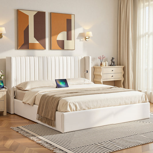 TWSC King Bed Frame with Gaslift Storage USB Type-C Charging Ports Velvet Upholstery White
