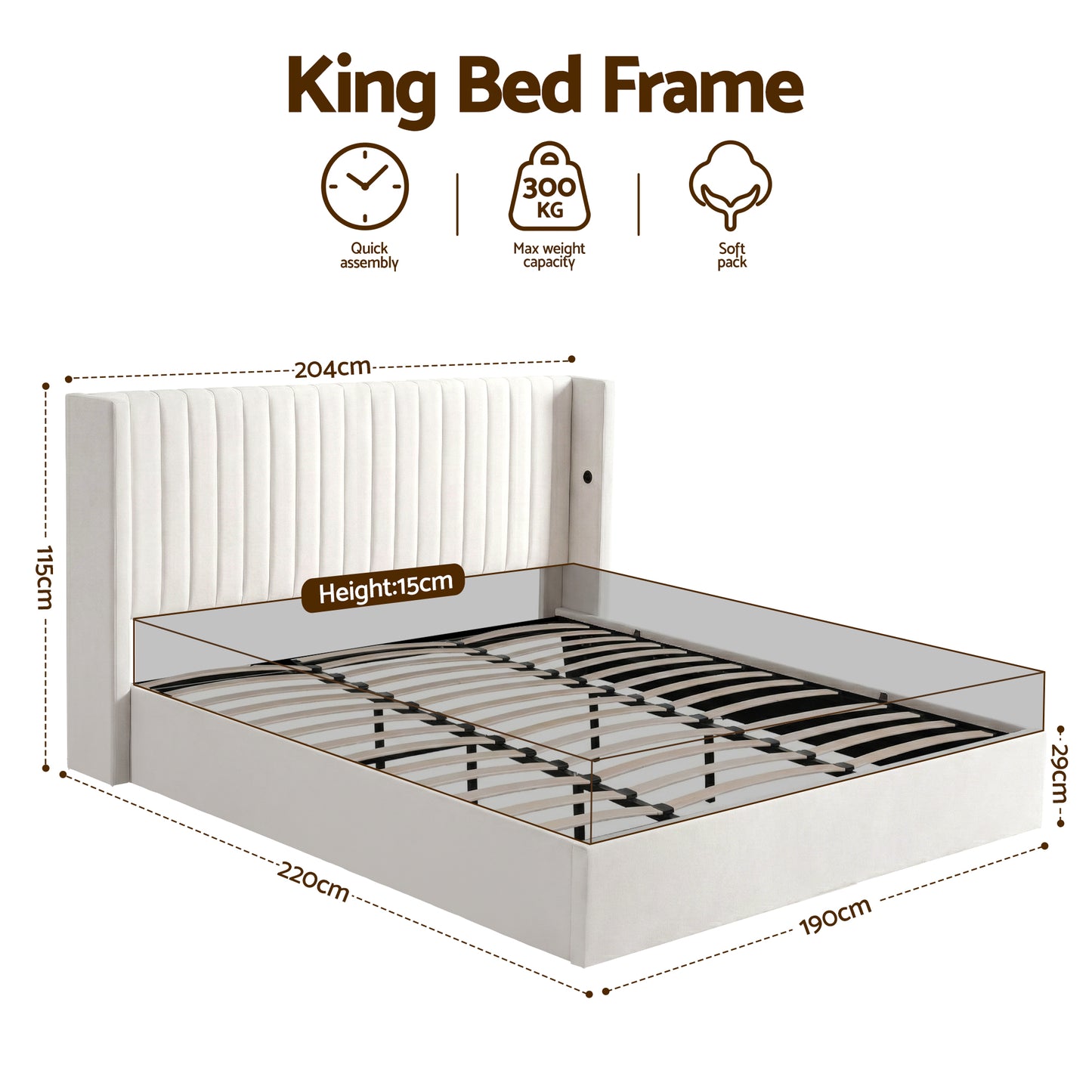 King Bed Frame with Gaslift Storage and USB Type-C Ports, Velvet Upholstery White