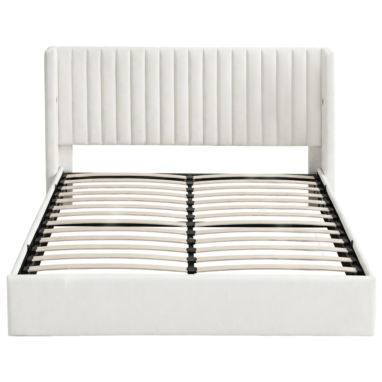 King Bed Frame with Gaslift Storage and USB Type-C Ports, Velvet Upholstery White
