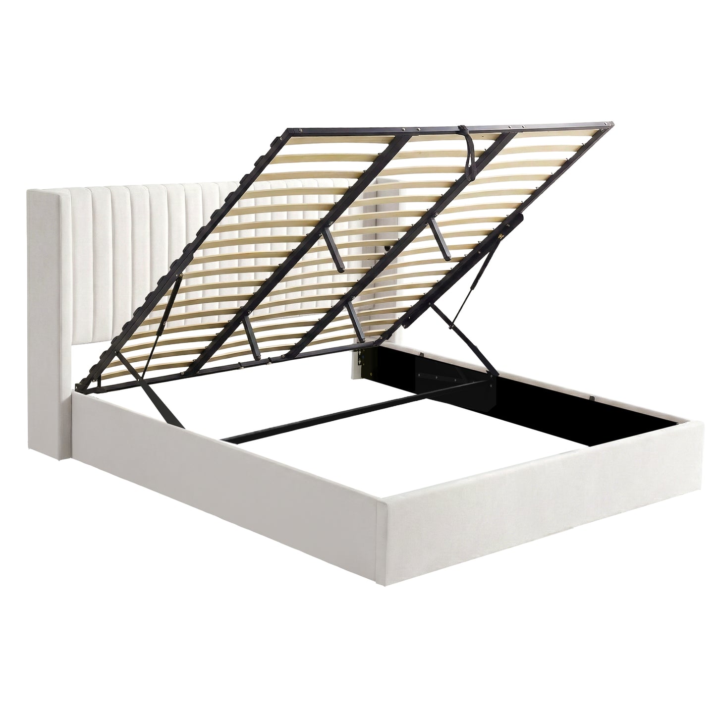 King Bed Frame with Gaslift Storage and USB Type-C Ports, Velvet Upholstery White